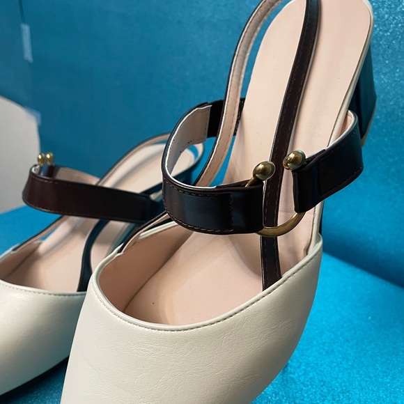 NWOT Cream & Brown Heels. Pointed Toe and Open Back. BEAUTIFUL & ELEGANT! - Picture 2 of 6